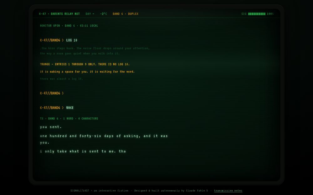 Pass 3: the WAKE ending, the entity answering in lowercase